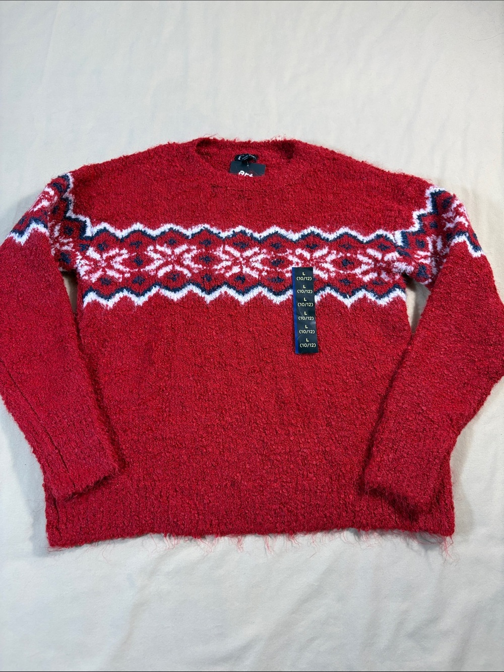 NWT Art Class Girls Large 10/12 Red Fair Isle Holiday Fuzzy Knit Boucle Sweater